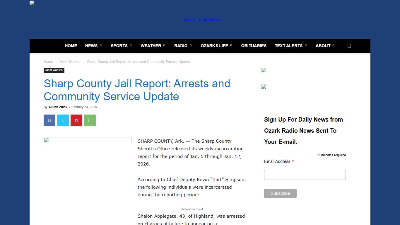 Sharp County Jail Report: Arrests and Community Service Update - Ozark Radio News